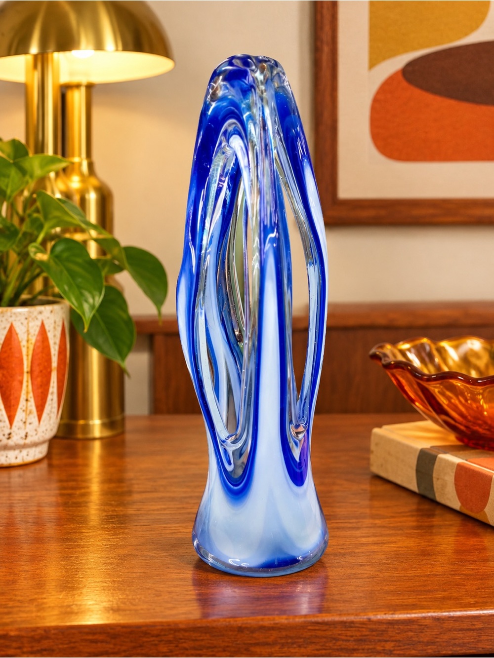 Vintage MCM Hand Blown Art Glass Blue White Swirl Loop Sculpture Vase